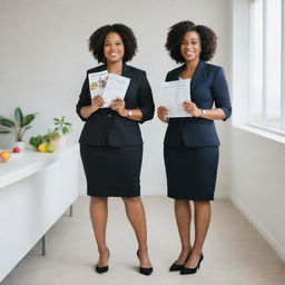 A full-length, straight perspective portrait of two black female nutritionists in professional attire, standing upright, holding dietary guides in hand within a bright office setting