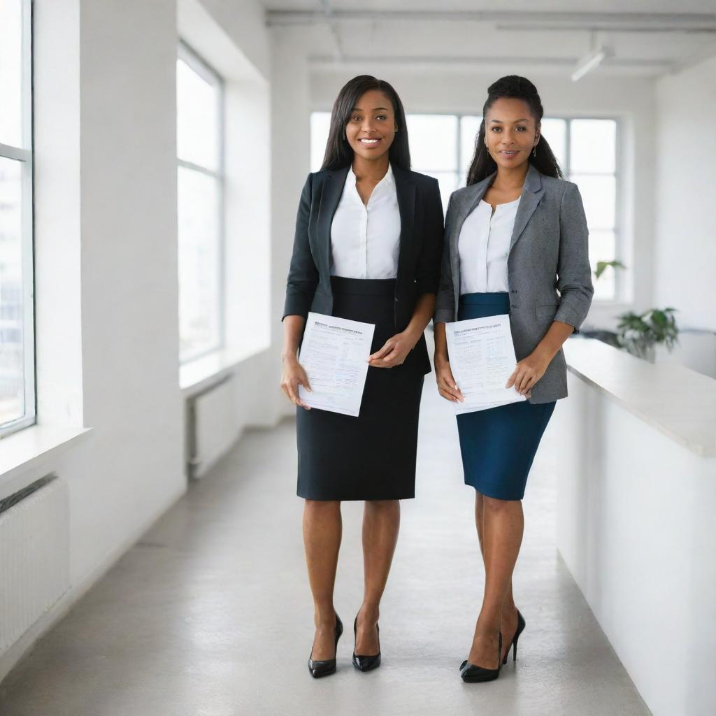 A full-length, straight perspective portrait of two black female nutritionists in professional attire, standing upright, holding dietary guides in hand within a bright office setting