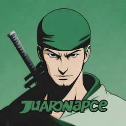 Create an anime-style logo featuring Roronoa Zoro, a renowned swordsman from One Piece, with the name 'JuanPiece' prominently displayed.