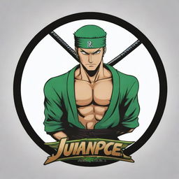 Create an anime-style logo featuring Roronoa Zoro, a renowned swordsman from One Piece, with the name 'JuanPiece' prominently displayed.