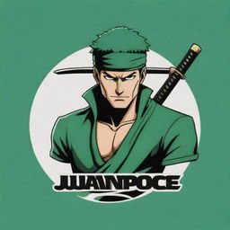 Create an anime-style logo featuring Roronoa Zoro, a renowned swordsman from One Piece, with the name 'JuanPiece' prominently displayed.