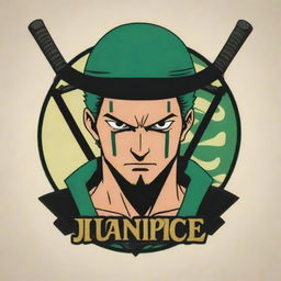 Create an anime-style logo featuring Roronoa Zoro, a renowned swordsman from One Piece, with the name 'JuanPiece' prominently displayed.