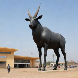 An Angolan football stadium with the unique feature of the Palanca Negra (giant sable antelope) figure prominently designed at the entrance.