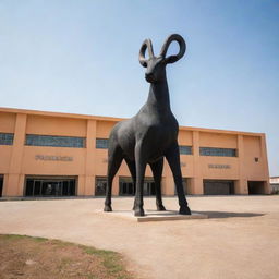 An Angolan football stadium with the unique feature of the Palanca Negra (giant sable antelope) figure prominently designed at the entrance.