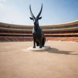 An Angolan football stadium with the unique feature of the Palanca Negra (giant sable antelope) figure prominently designed at the entrance.