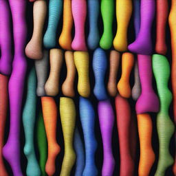 A high-quality digital art image displaying an array of colorful pantyhose neatly arranged in a row