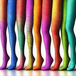 A high-quality digital art image displaying an array of colorful pantyhose neatly arranged in a row