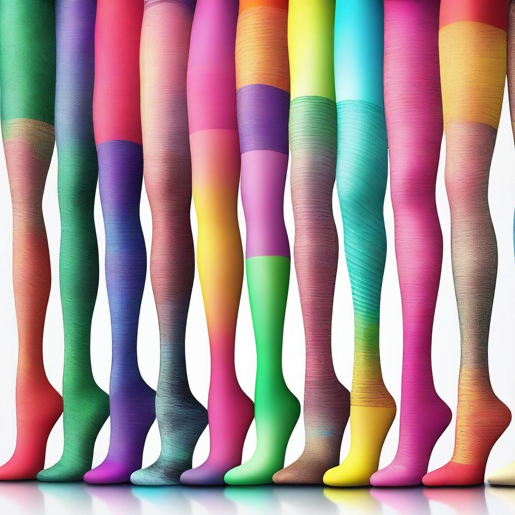 A high-quality digital art image displaying an array of colorful pantyhose neatly arranged in a row