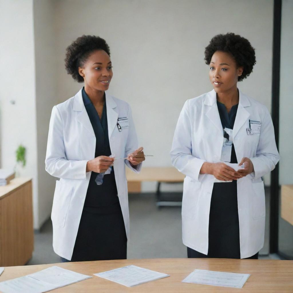 A full-length, straight perspective image of two black female nutritionists in professional attire standing upright, actively engaged in lecturing and advising patients in a comfortable office environment