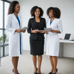 A full-length, straight perspective image of two black female nutritionists in professional attire standing upright, actively engaged in lecturing and advising patients in a comfortable office environment