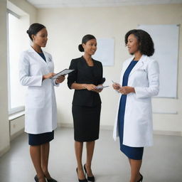 A full-length, straight perspective image of two black female nutritionists in professional attire standing upright, actively engaged in lecturing and advising patients in a comfortable office environment