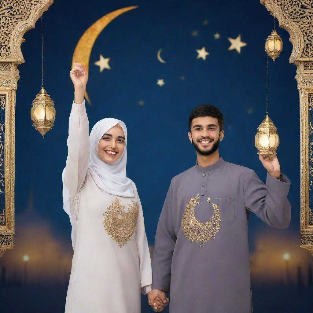 Two Muslim students, a male and a female, dressed in traditional Islamic clothing, expressing joy and unity during the Ramadan period. The background features elements symbolic of Ramadan, such as a crescent moon and lanterns