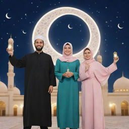 Two Muslim students, a male and a female, dressed in traditional Islamic clothing, expressing joy and unity during the Ramadan period. The background features elements symbolic of Ramadan, such as a crescent moon and lanterns