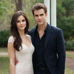 Stefan Salvatore, a handsome vampire character from The Vampire Diaries, lovingly standing next to his beautiful wife, both dressed in fashionable casual attire