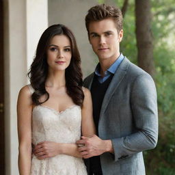 Stefan Salvatore, a handsome vampire character from The Vampire Diaries, lovingly standing next to his beautiful wife, both dressed in fashionable casual attire