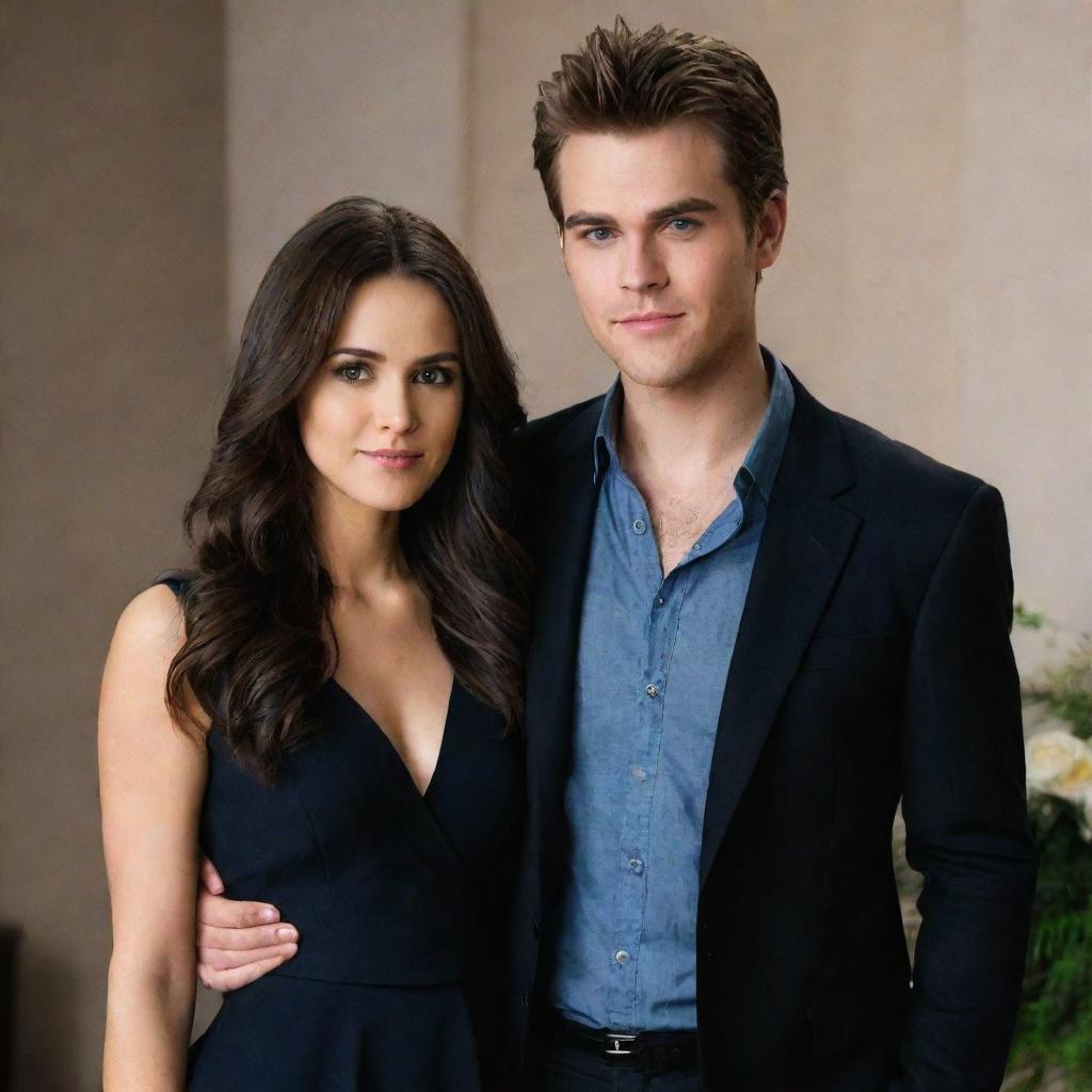 Stefan Salvatore, a handsome vampire character from The Vampire Diaries, lovingly standing next to his beautiful wife, both dressed in fashionable casual attire