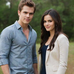 Stefan Salvatore, a handsome vampire character from The Vampire Diaries, lovingly standing next to his beautiful wife, both dressed in fashionable casual attire