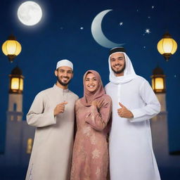 Two Muslim students, a male and a female, dressed in traditional Islamic clothing, expressing joy and unity during the Ramadan period. The background features elements symbolic of Ramadan, such as a crescent moon and lanterns