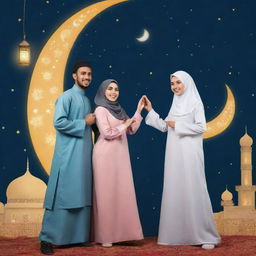 Two Muslim students, a male and a female, dressed in traditional Islamic clothing, expressing joy and unity during the Ramadan period. The background features elements symbolic of Ramadan, such as a crescent moon and lanterns