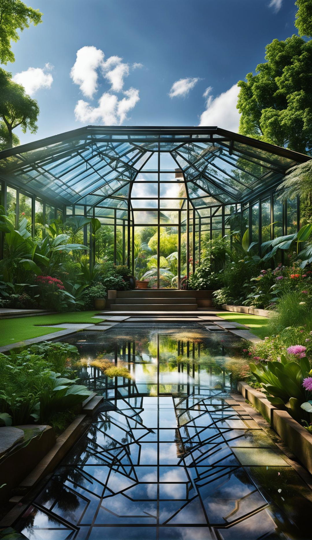 An octagonal glasshouse in a lush garden, filled with exotic plants and bathed in warm sunlight.