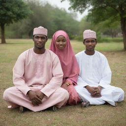 Two Nigerian Muslim students, one male and one female, dressed in traditional outfits, sitting together in a peaceful setting to represent the cultural aspects of Ramadan.