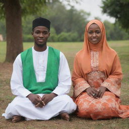 Two Nigerian Muslim students, one male and one female, dressed in traditional outfits, sitting together in a peaceful setting to represent the cultural aspects of Ramadan.