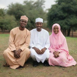 Two Nigerian Muslim students, one male and one female, dressed in traditional outfits, sitting together in a peaceful setting to represent the cultural aspects of Ramadan.