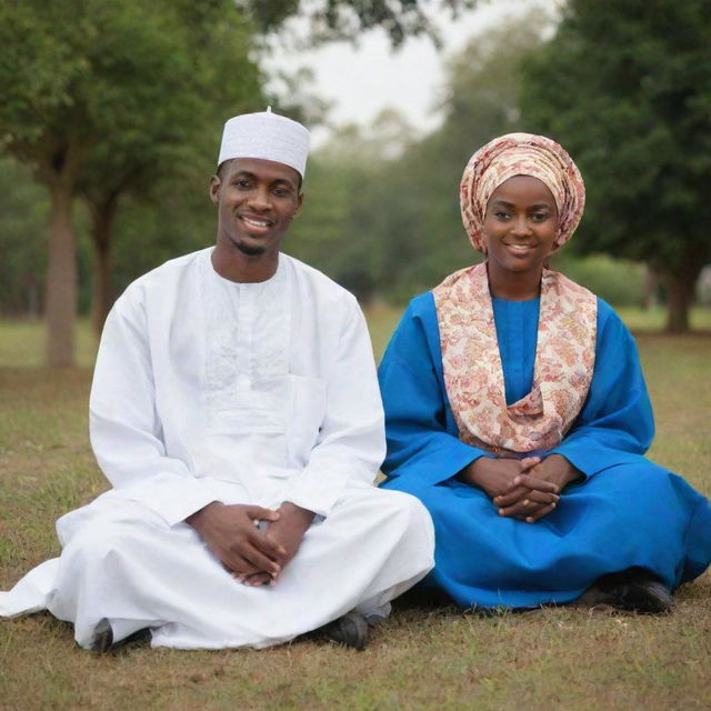 Two Nigerian Muslim students, one male and one female, dressed in traditional outfits, sitting together in a peaceful setting to represent the cultural aspects of Ramadan.