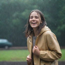 A cheerful girl standing alone in a gentle rainfall, with joy expressive on her face.