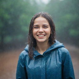 A cheerful girl standing alone in a gentle rainfall, with joy expressive on her face.