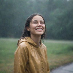 A cheerful girl standing alone in a gentle rainfall, with joy expressive on her face.