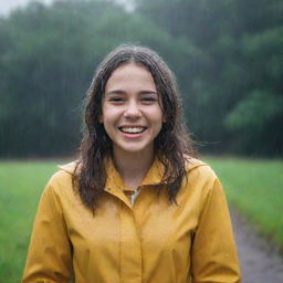 A cheerful girl standing alone in a gentle rainfall, with joy expressive on her face.