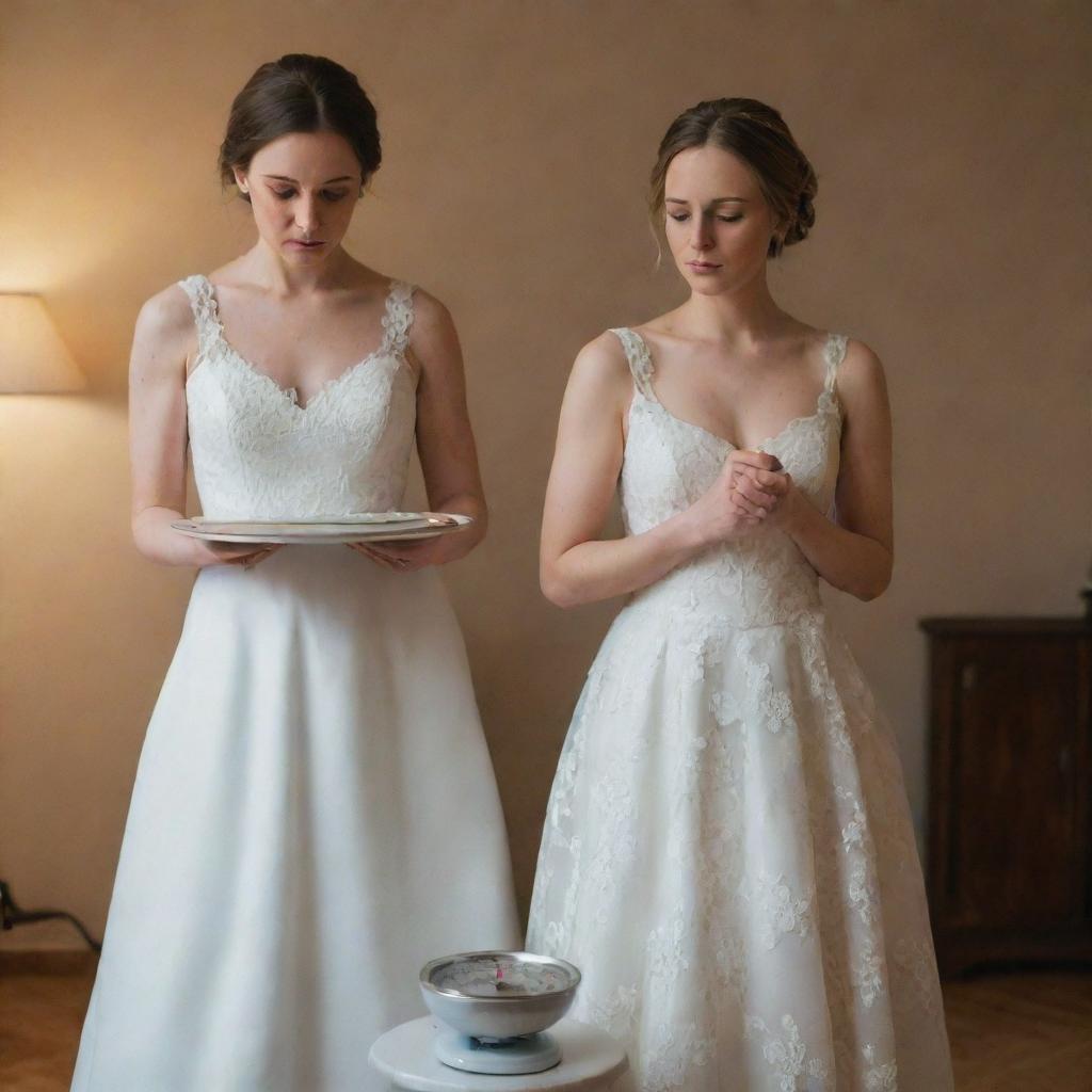 A new bride dressed in a wedding gown, appearing anxious and stressed, holding a scale in one hand and a wedding photo in the other, in a softly lit room