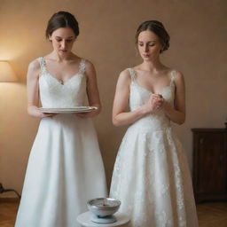 A new bride dressed in a wedding gown, appearing anxious and stressed, holding a scale in one hand and a wedding photo in the other, in a softly lit room