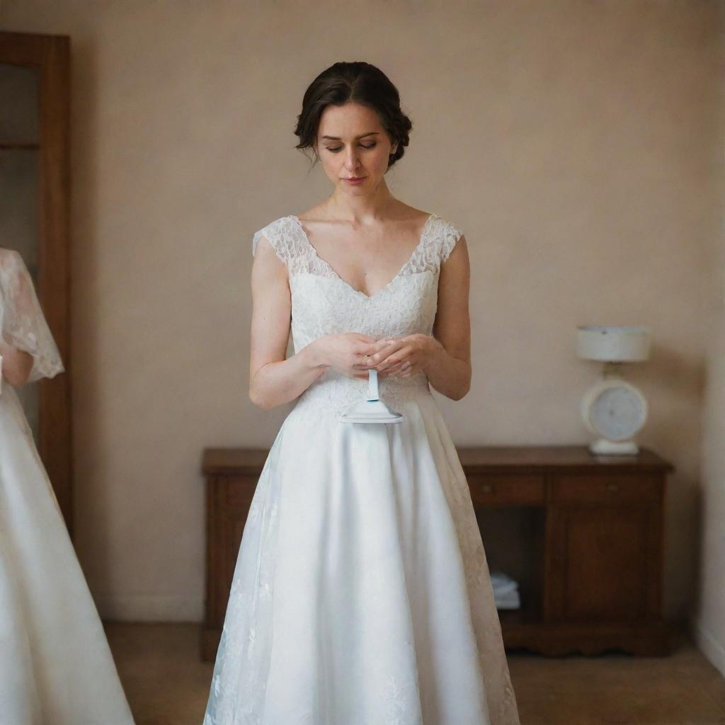 A new bride dressed in a wedding gown, appearing anxious and stressed, holding a scale in one hand and a wedding photo in the other, in a softly lit room