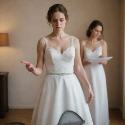 A new bride dressed in a wedding gown, appearing anxious and stressed, holding a scale in one hand and a wedding photo in the other, in a softly lit room