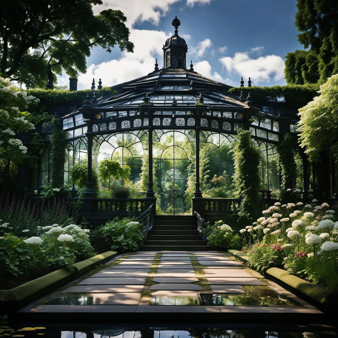 A Victorian-style glasshouse in a manicured garden, filled with a variety of plants and bathed in soft sunlight.