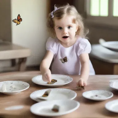 In the well-meant effort to catch a butterfly, the little girl accidentally knocked over a table full of dishes, causing a huge mess.