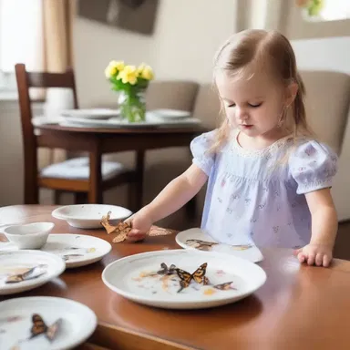 In the well-meant effort to catch a butterfly, the little girl accidentally knocked over a table full of dishes, causing a huge mess.