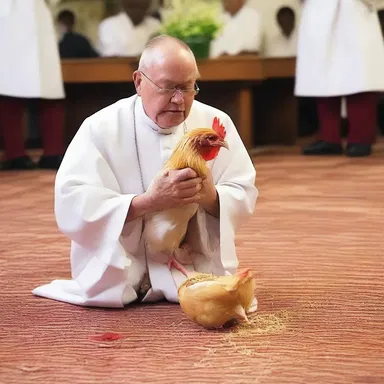 The well-meant gift of a live chicken to the priest for a sacrificial ritual resulted in chaos when it escaped and caused havoc in the church.