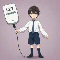 An anime character standing confidently, holding an oversized, symbolic electric plug, visually representing the phrase 'let me be your plug'.