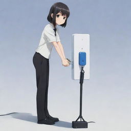 An anime character standing confidently, holding an oversized, symbolic electric plug, visually representing the phrase 'let me be your plug'.