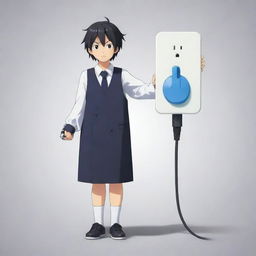 An anime character standing confidently, holding an oversized, symbolic electric plug, visually representing the phrase 'let me be your plug'.