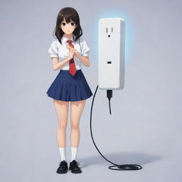 An anime character standing confidently, holding an oversized, symbolic electric plug, visually representing the phrase 'let me be your plug'.