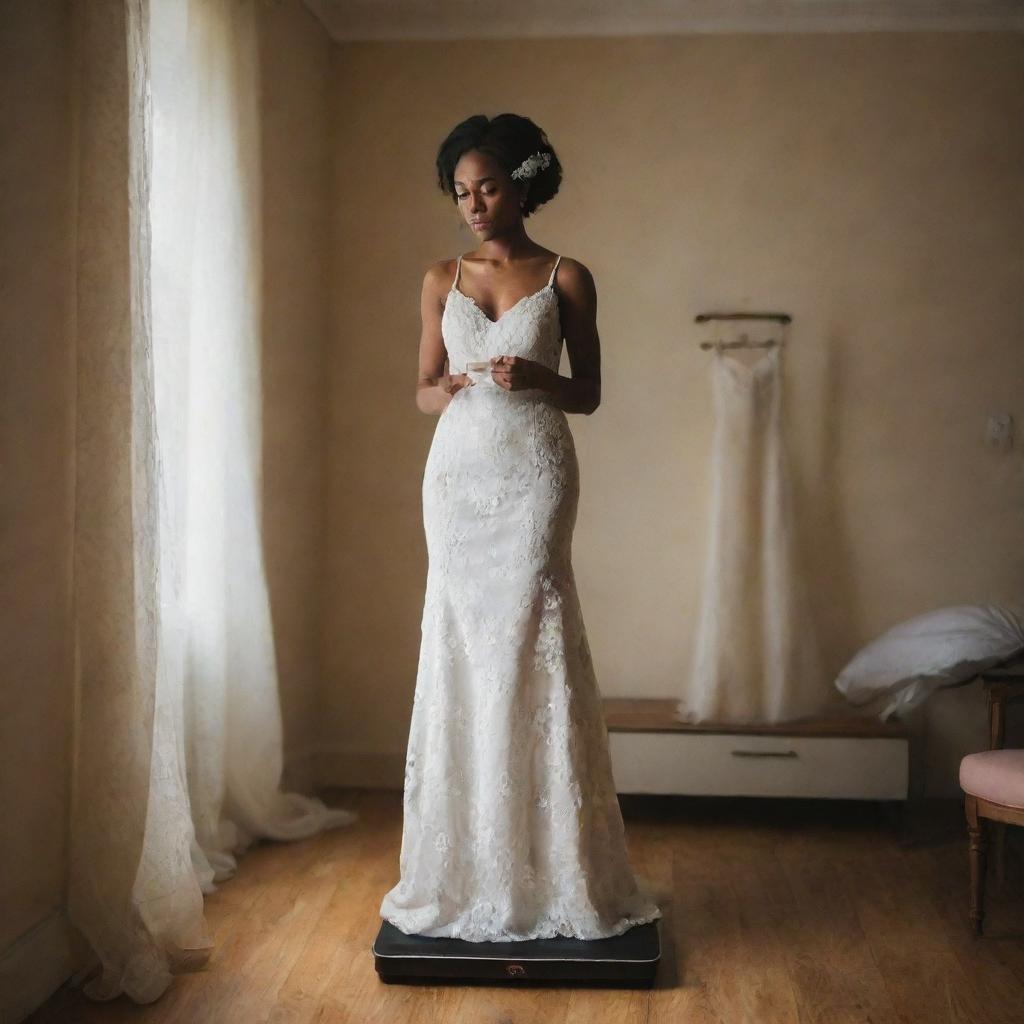 A new black bride, looking somewhat stressed, standing on a weighing scale that shows increased weight, holding a wedding dress in her hand inside a softly lit room