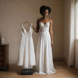 A new black bride, looking somewhat stressed, standing on a weighing scale that shows increased weight, holding a wedding dress in her hand inside a softly lit room