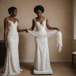 A new black bride, looking somewhat stressed, standing on a weighing scale that shows increased weight, holding a wedding dress in her hand inside a softly lit room