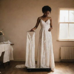 A new black bride, looking somewhat stressed, standing on a weighing scale that shows increased weight, holding a wedding dress in her hand inside a softly lit room