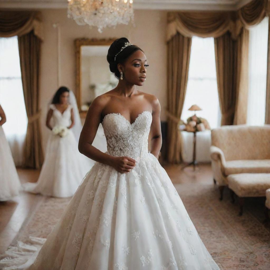 A black bride appearing anxious and stressed, pacing around in her wedding gown, in a beautifully decorated room with echoes of wedding preparations in the background