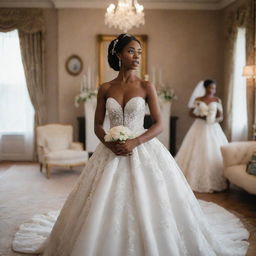 A black bride appearing anxious and stressed, pacing around in her wedding gown, in a beautifully decorated room with echoes of wedding preparations in the background